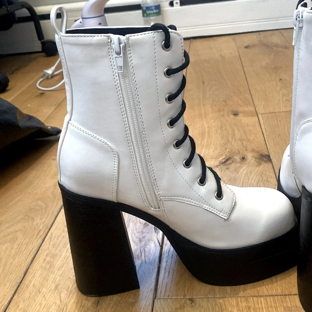 Steve Madden Black and White Platform Block Heel Combat Boots - Picture 9 of 9